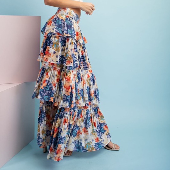 029 Boho Floral Tropical Print Smocked Waist Maxi Skirt - Picture 2 of 8